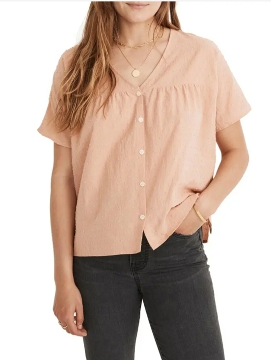 Madewell Tops - Madewell | Peach Swiss Dot V-Neck Blouse Size Small